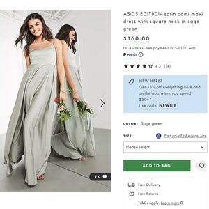 ASOS EDITION satin cami maxi dress with square neck in sage green Size 6 NWT